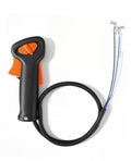 Throttle control handle assembly with black housing, orange trigger, and connected cable