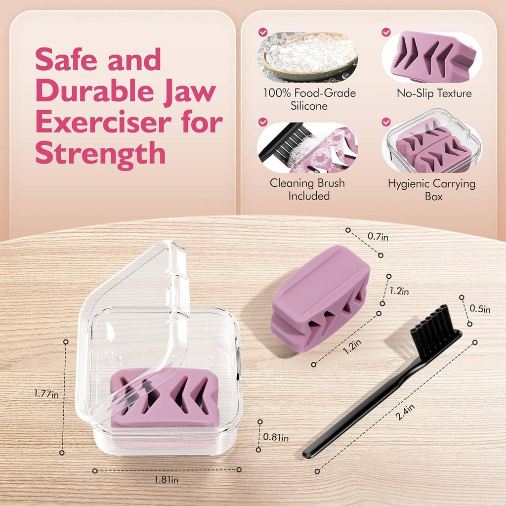 Purple silicone jaw exerciser blocks with included brush and clear carrying case