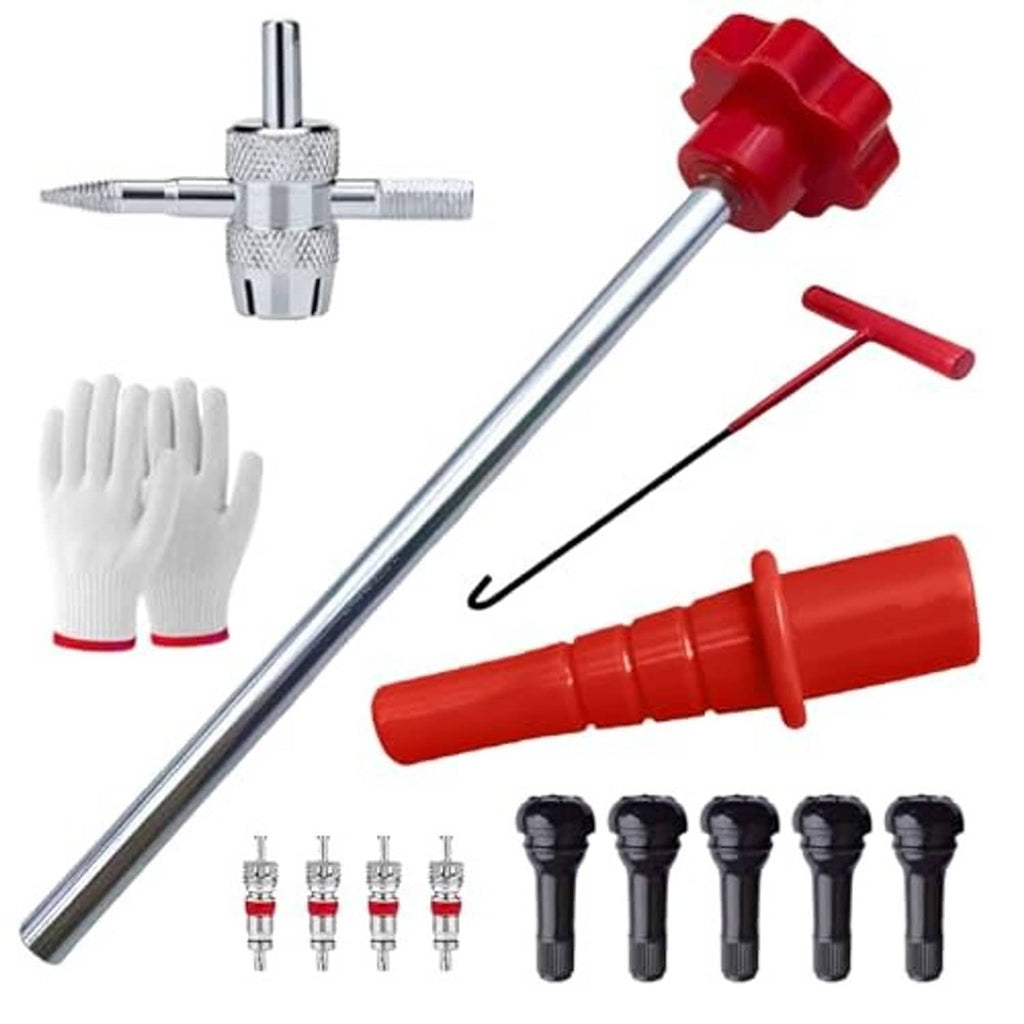 Tire valve tool set with red cap core remover, metal rod, T-tool, gloves, and valve cores