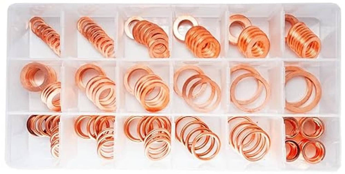 Copper oil drain plug gasket assortment in clear organizer tray, mixed washer sizes