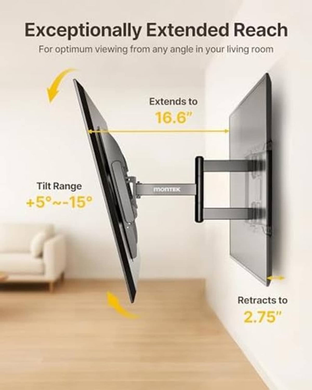 Full motion TV wall mount infographic showing tilting range and extended-reach positioning
