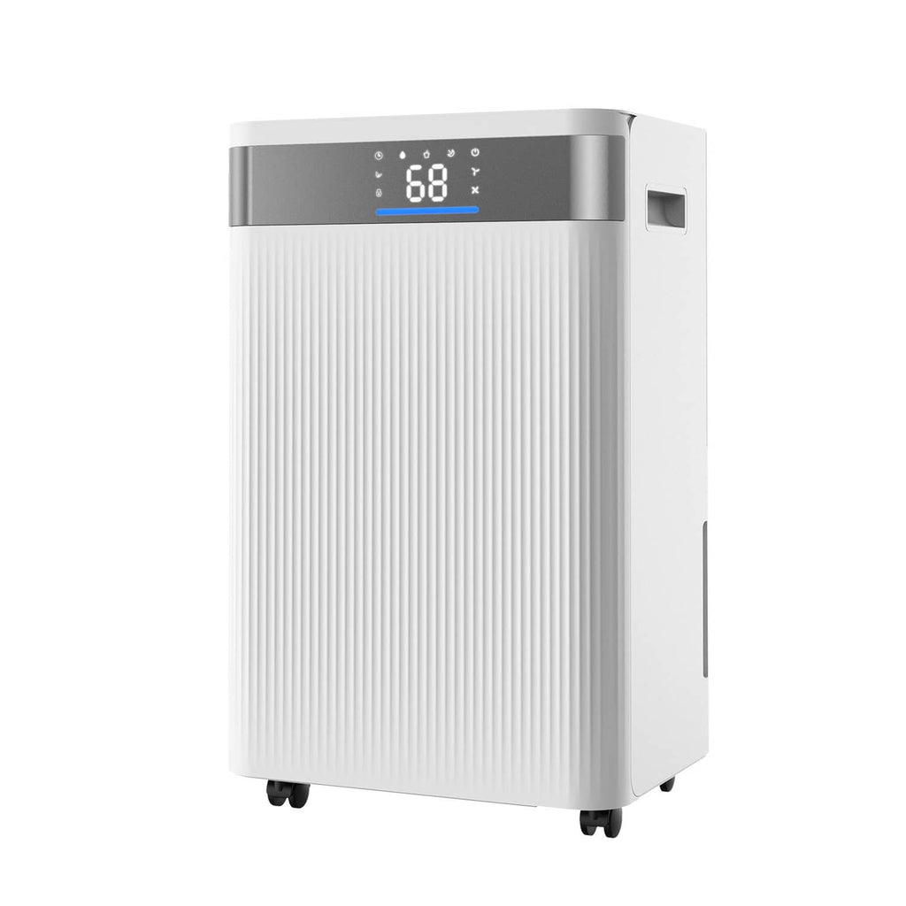 White dehumidifier with top vent, digital display 68%, and side handle on wheels