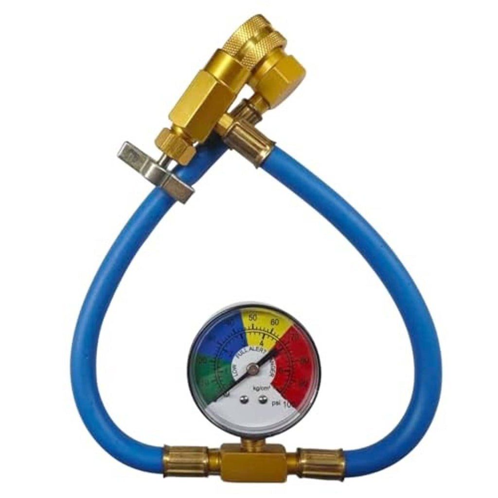 Car AC refrigerant hose kit with blue hoses, gold couplers, and pressure gauge
