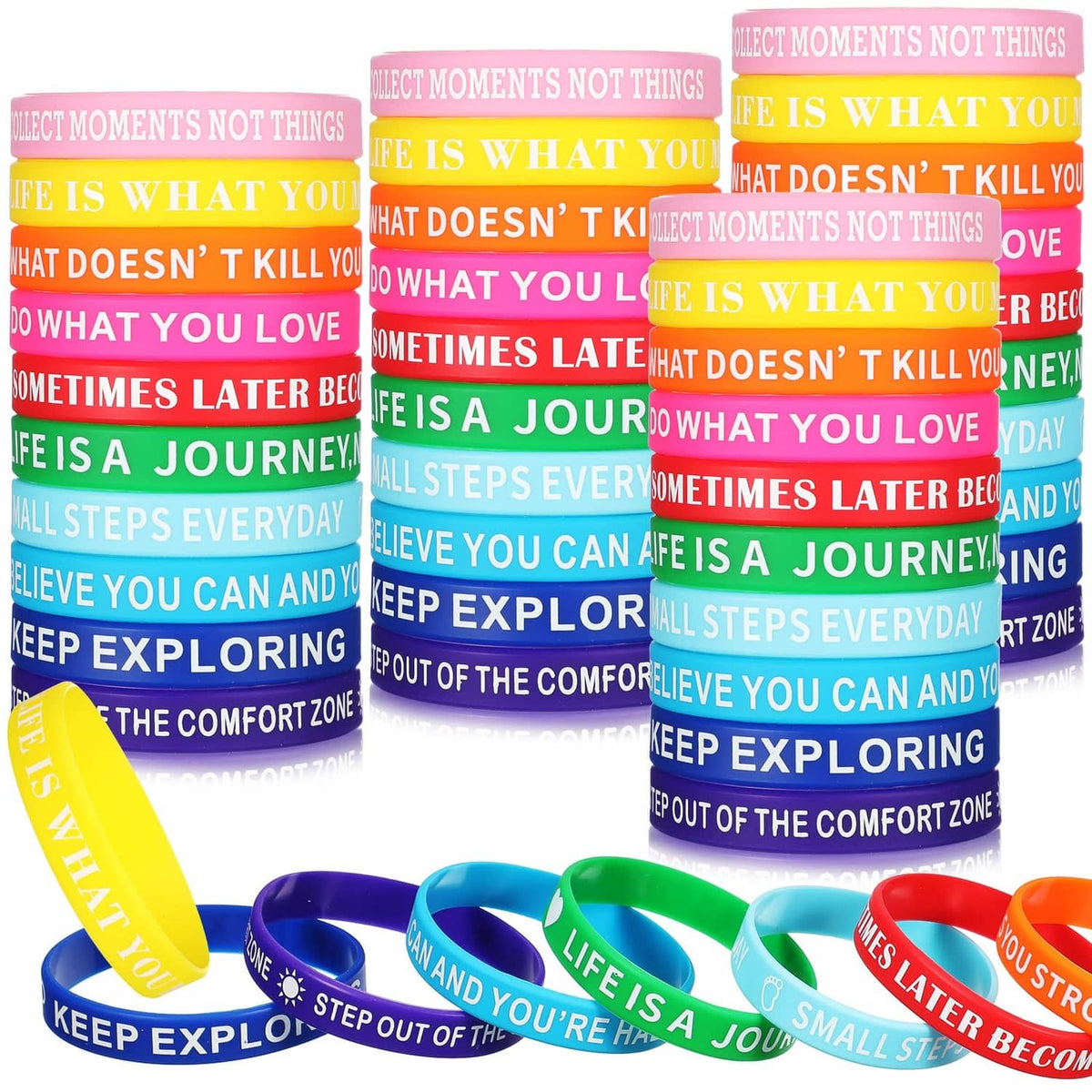 Multicolor motivational silicone wristbands with printed inspirational text, assorted set