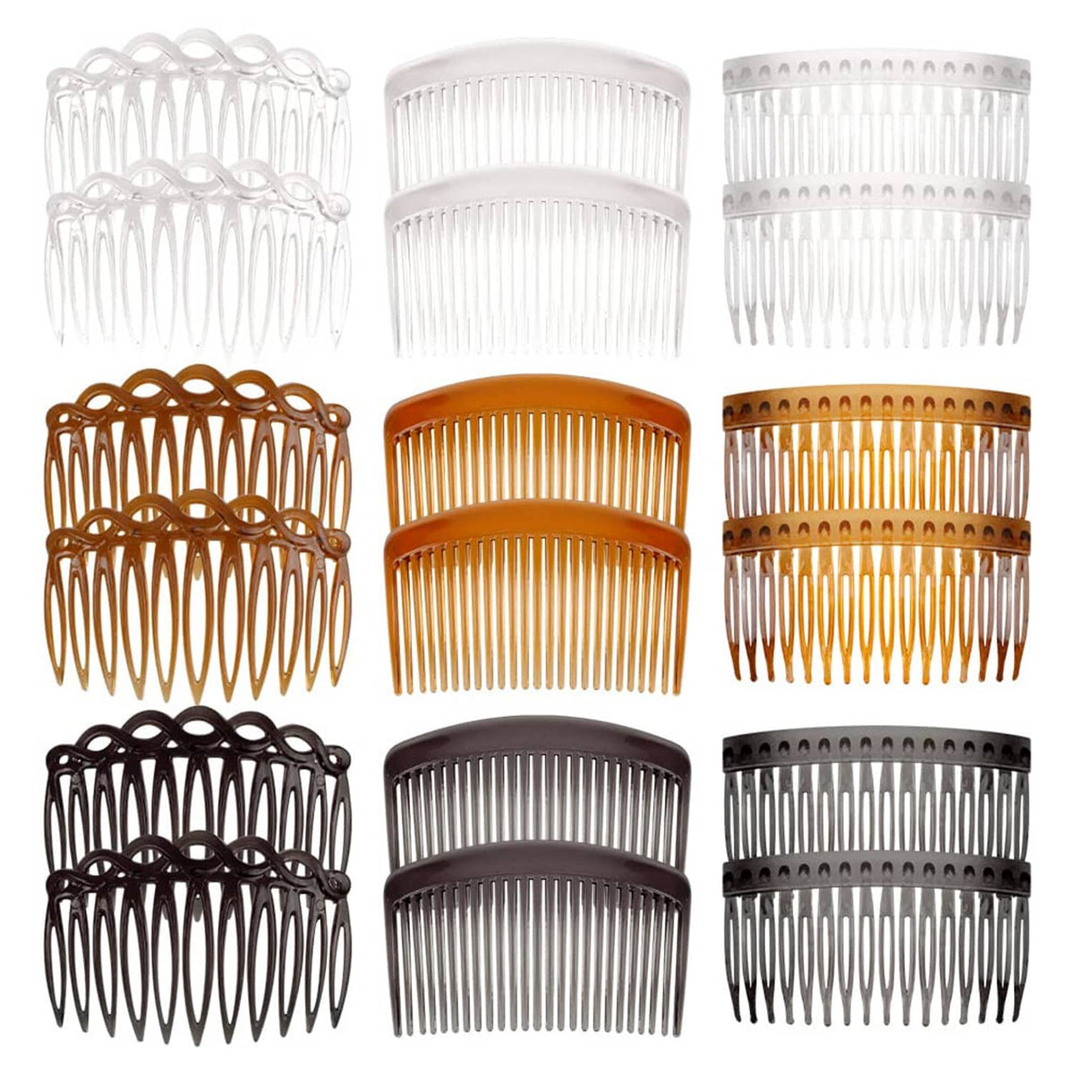 Plastic French side twist combs with teeth, set of 18 arranged by color: white, amber, brown, black