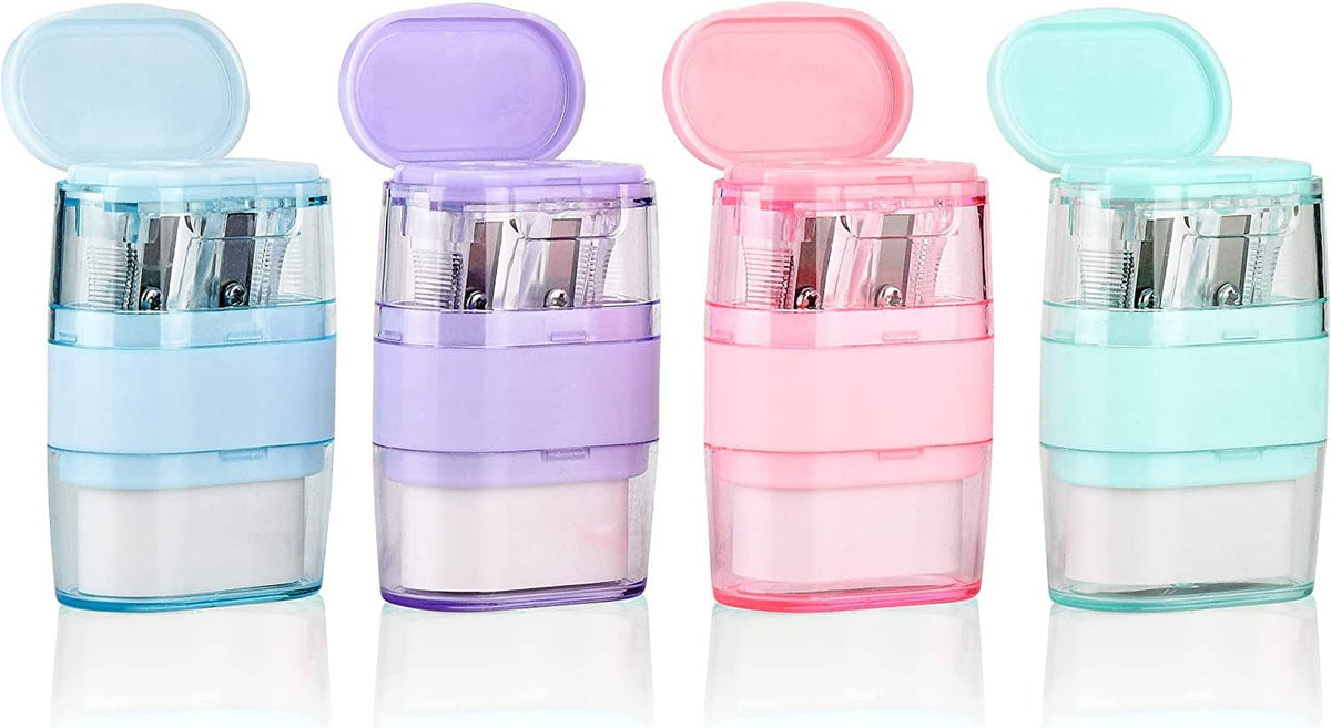 Four-color set of manual pencil sharpeners in pastel blue, purple, pink, and teal