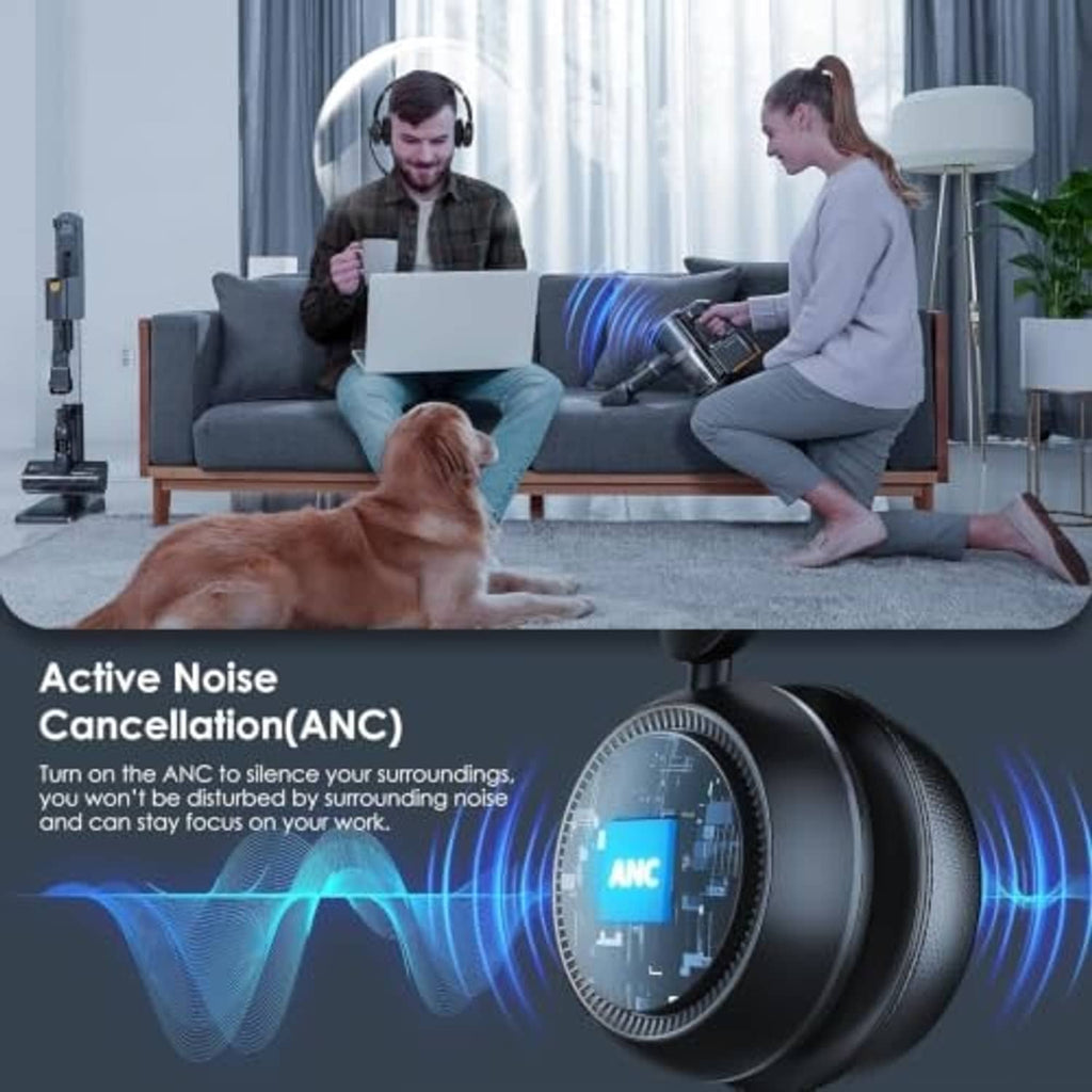 Black wireless over-ear headset with ANC soundwave visuals on a desk