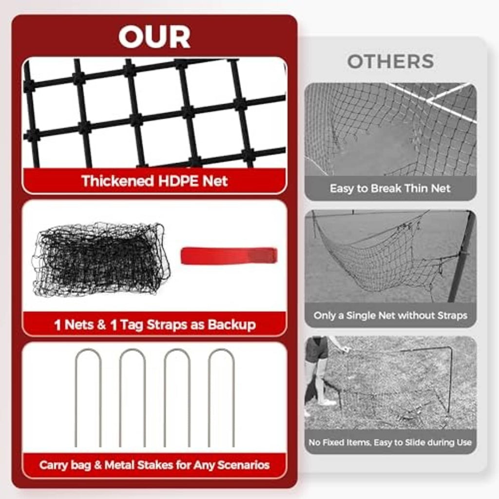 Rebounder net kit with thick black mesh, backup tag straps, carry bag, and metal stakes.