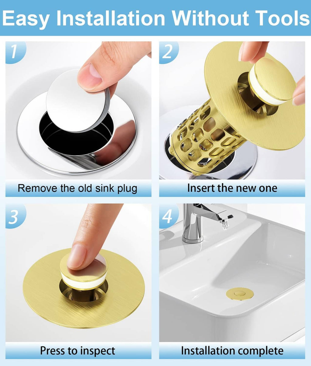 Matte gold sink drain stopper installed on bathroom basin, showing cap and filter basket