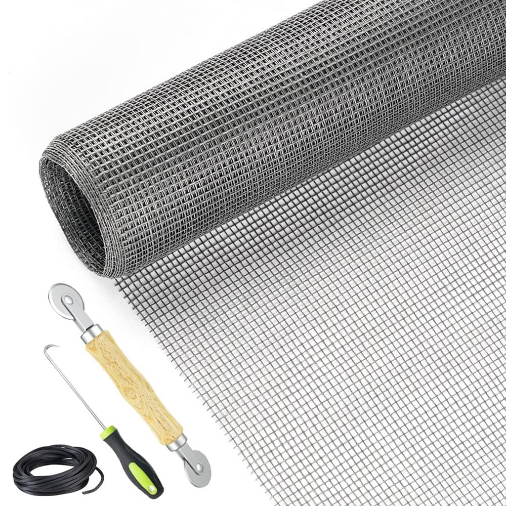 Gray fiberglass window screen repair kit with roll mesh and installation tools
