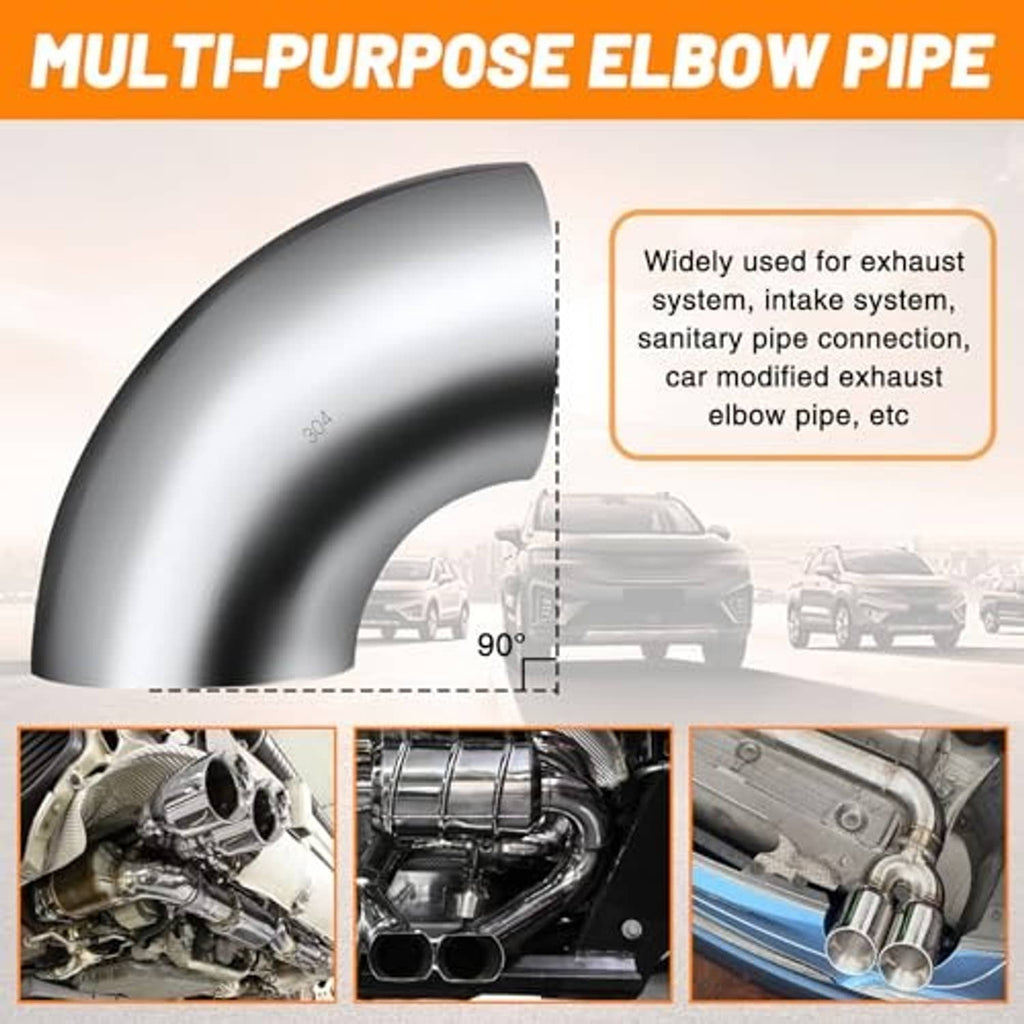 Stainless steel 90-degree elbow exhaust pipe with flared open end and curved bend