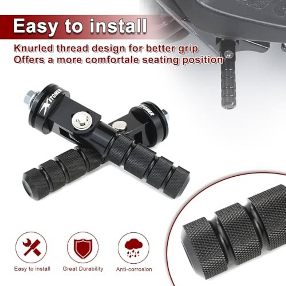 Knurled passenger footrest pegs with black folding brackets and textured grip ends