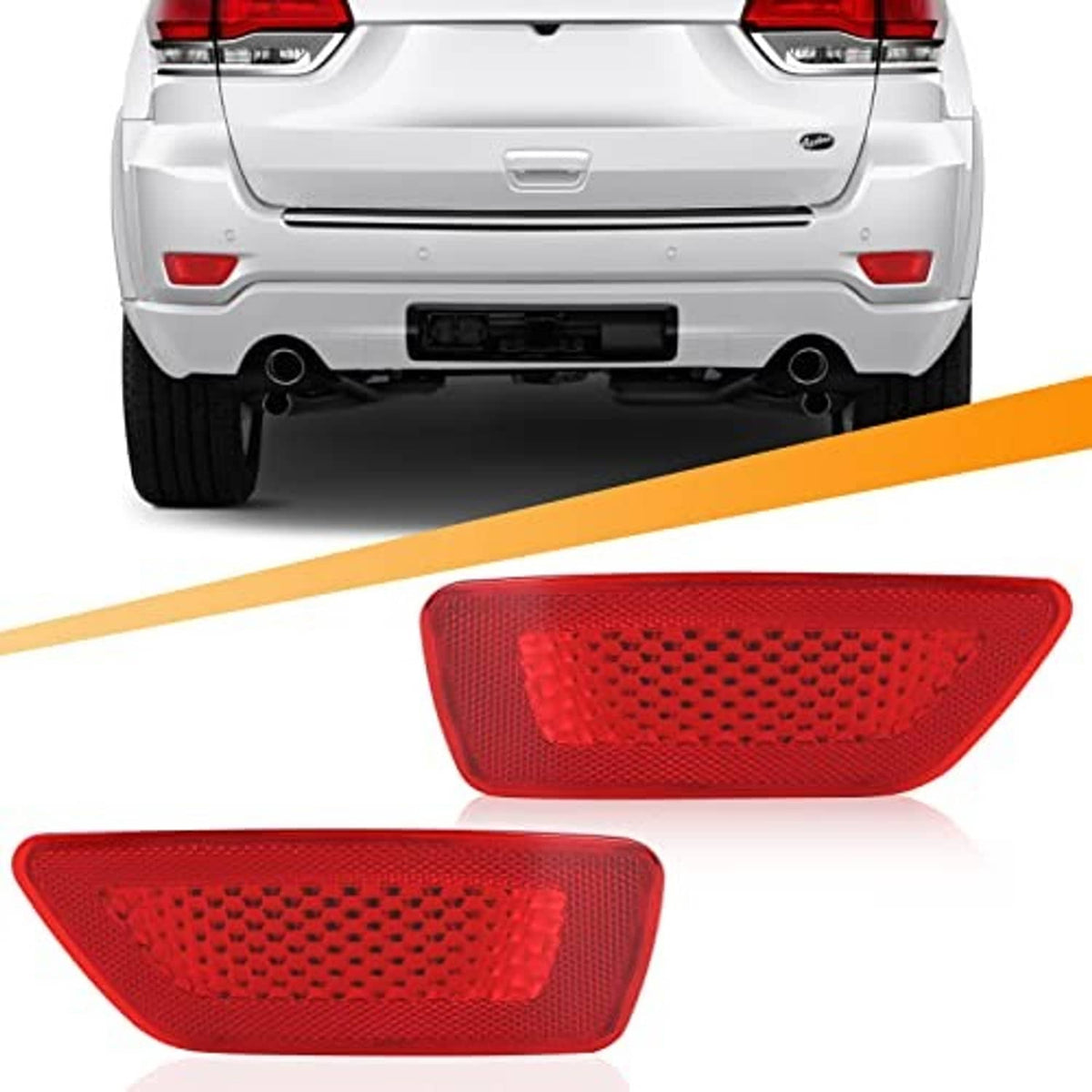 Two red rear bumper reflector lights with textured lens and red prism