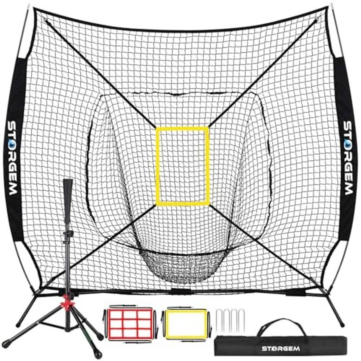Black practice net with centered yellow target square and arched mesh side panels