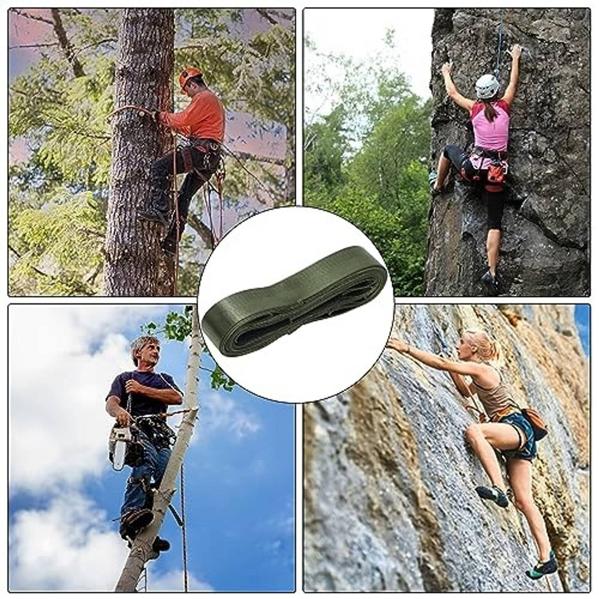Rolled green climbing stick aider strap for tree or rock climbing steps