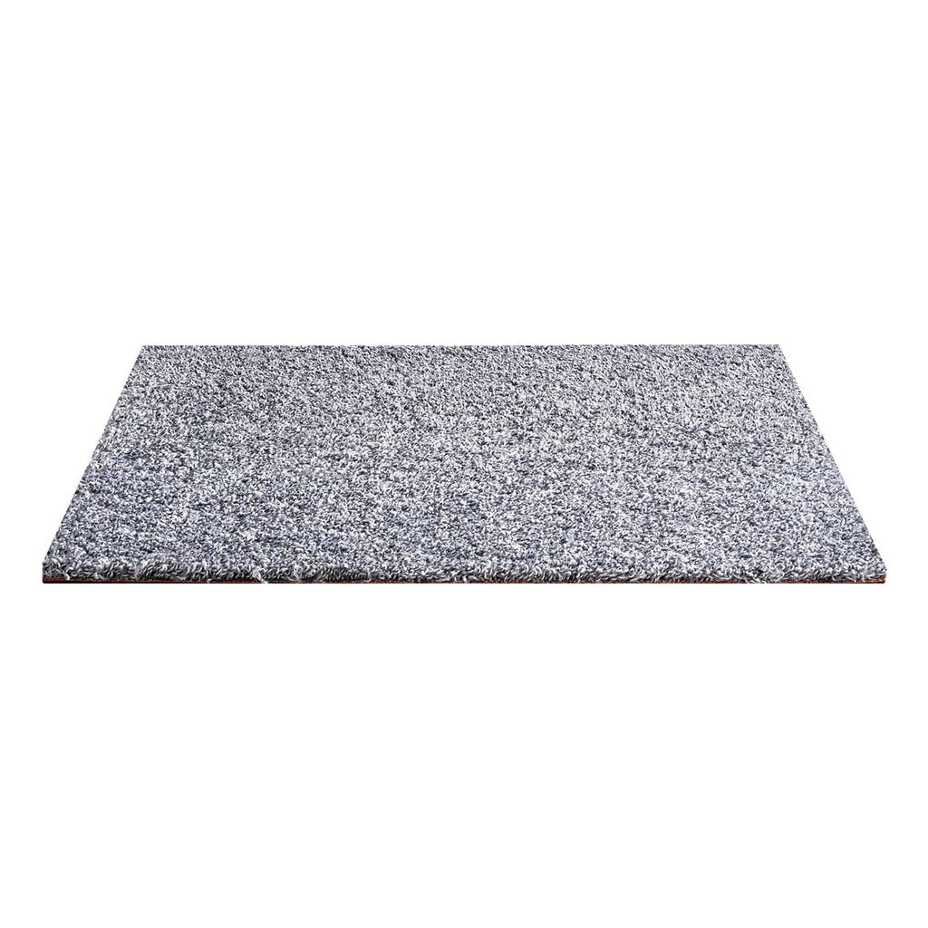 Gray speckled carpet tile with low pile height, side profile on white background