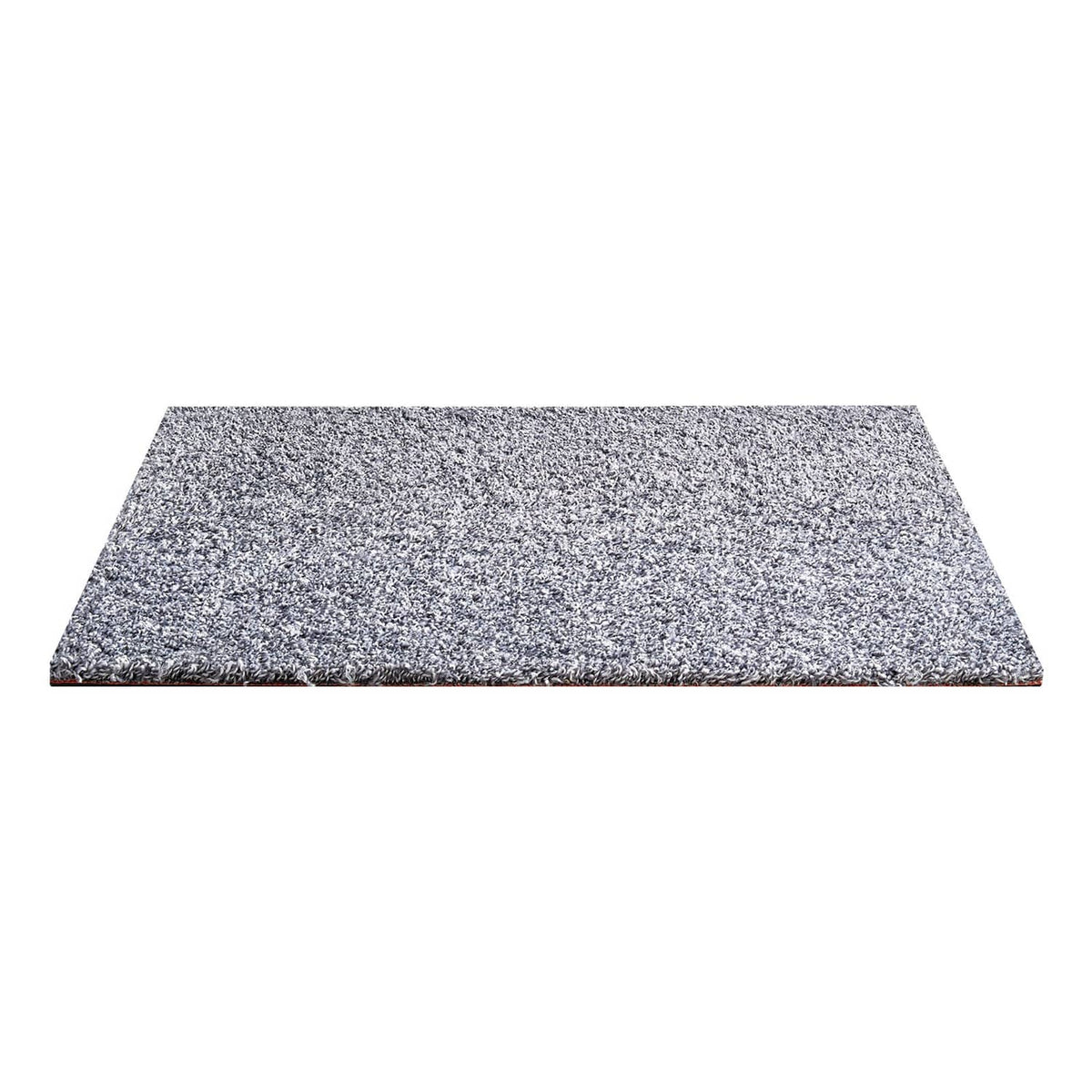 Gray speckled carpet tile with low pile height, side profile on white background