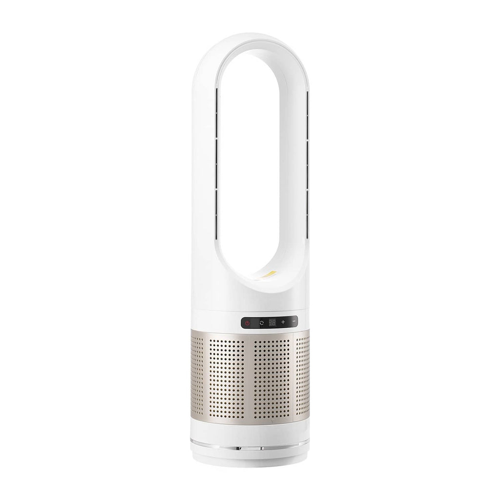 White bladeless tower fan air purifier with oval air inlet and front vent grille
