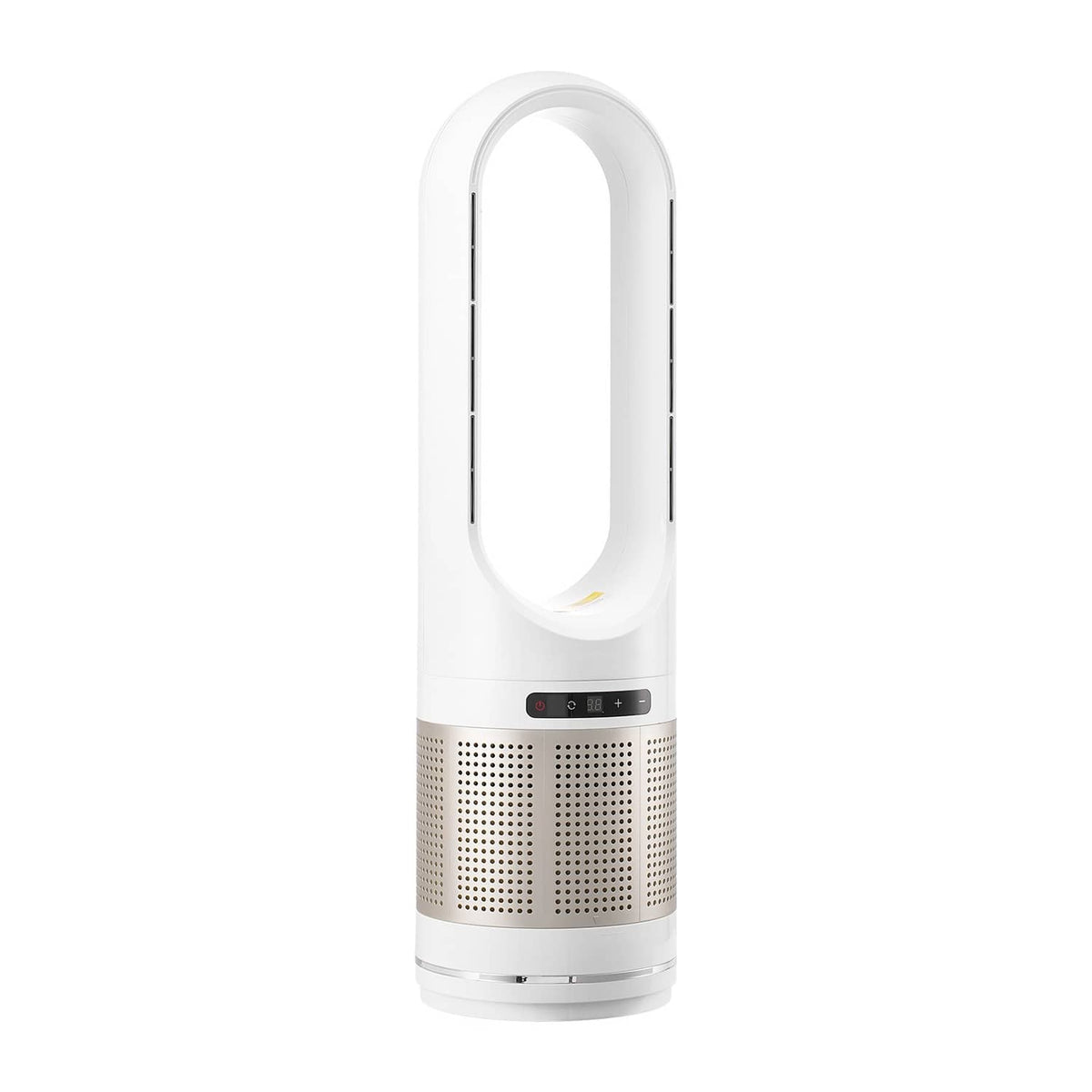 White bladeless tower fan air purifier with oval air inlet and front vent grille