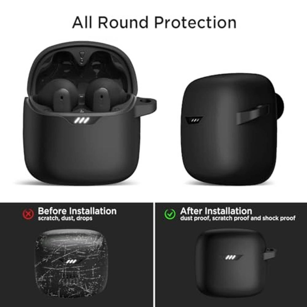 Black earbuds case and separate protective cover, two angles shown