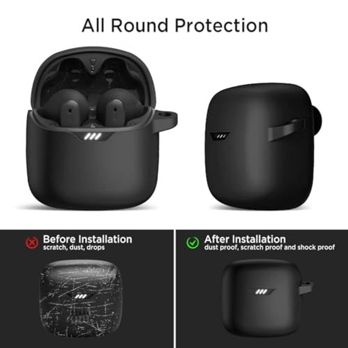Black earbuds case and separate protective cover, two angles shown