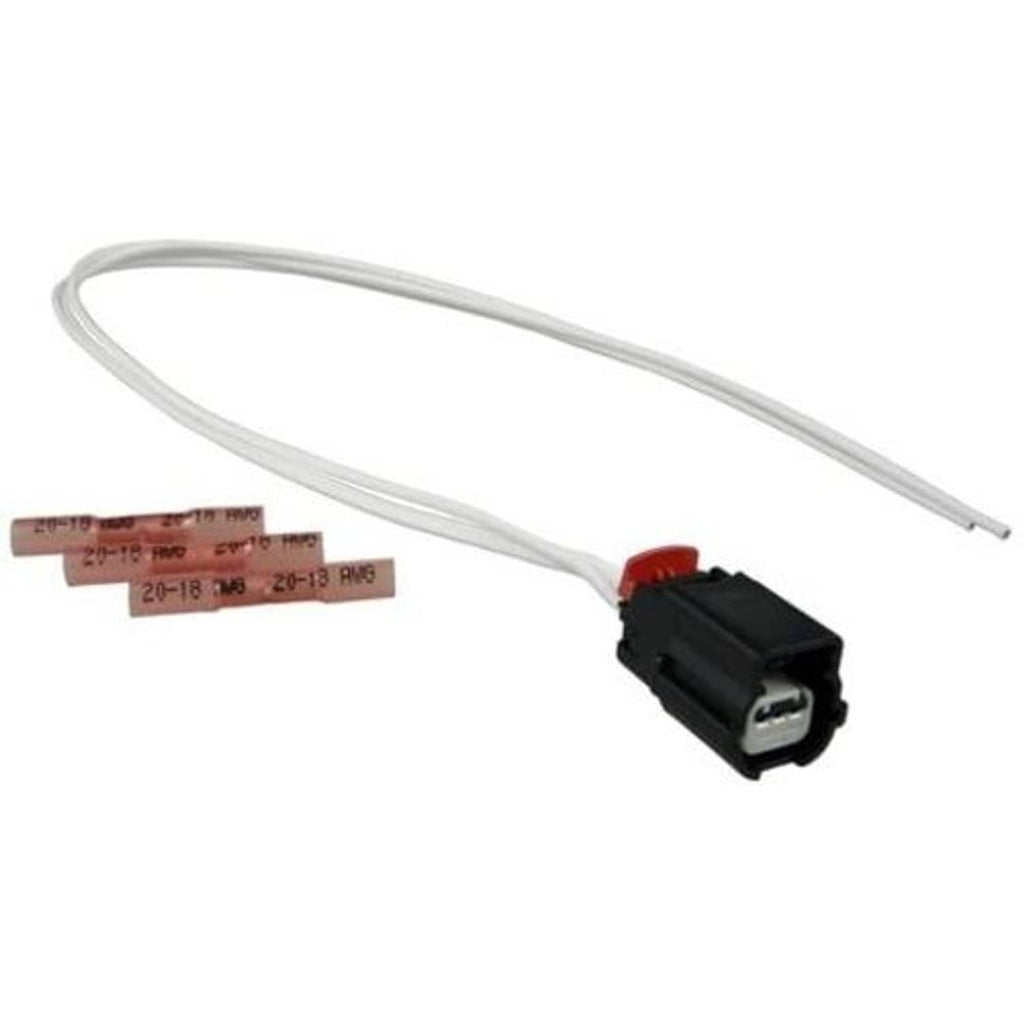 Wire harness pigtail with black connector housing and two white wire leads