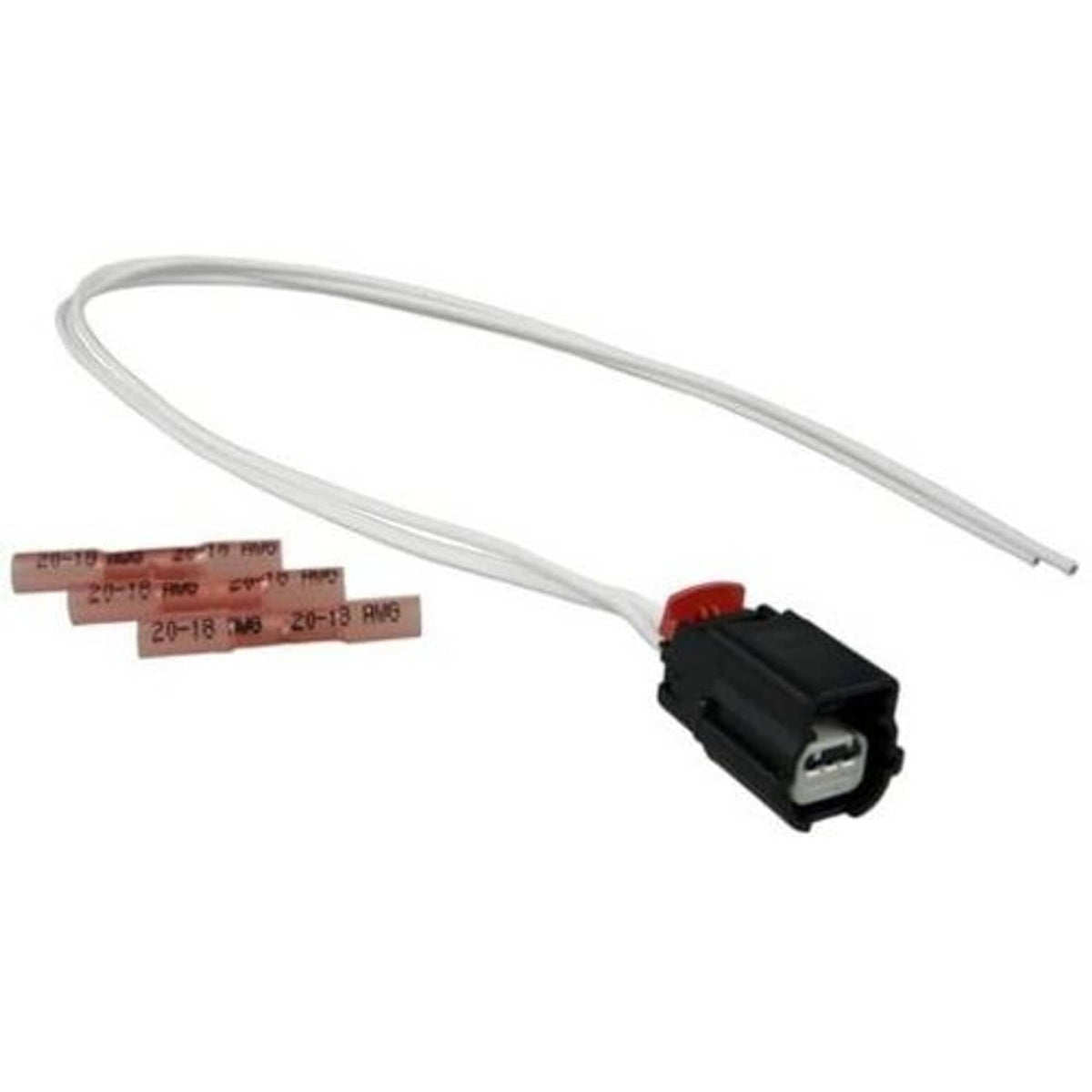 Wire harness pigtail with black connector housing and two white wire leads