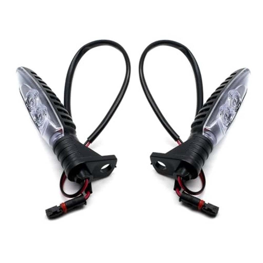 Pair of motorcycle front LED turn signal lights with clear lenses, black housings, and connector plugs