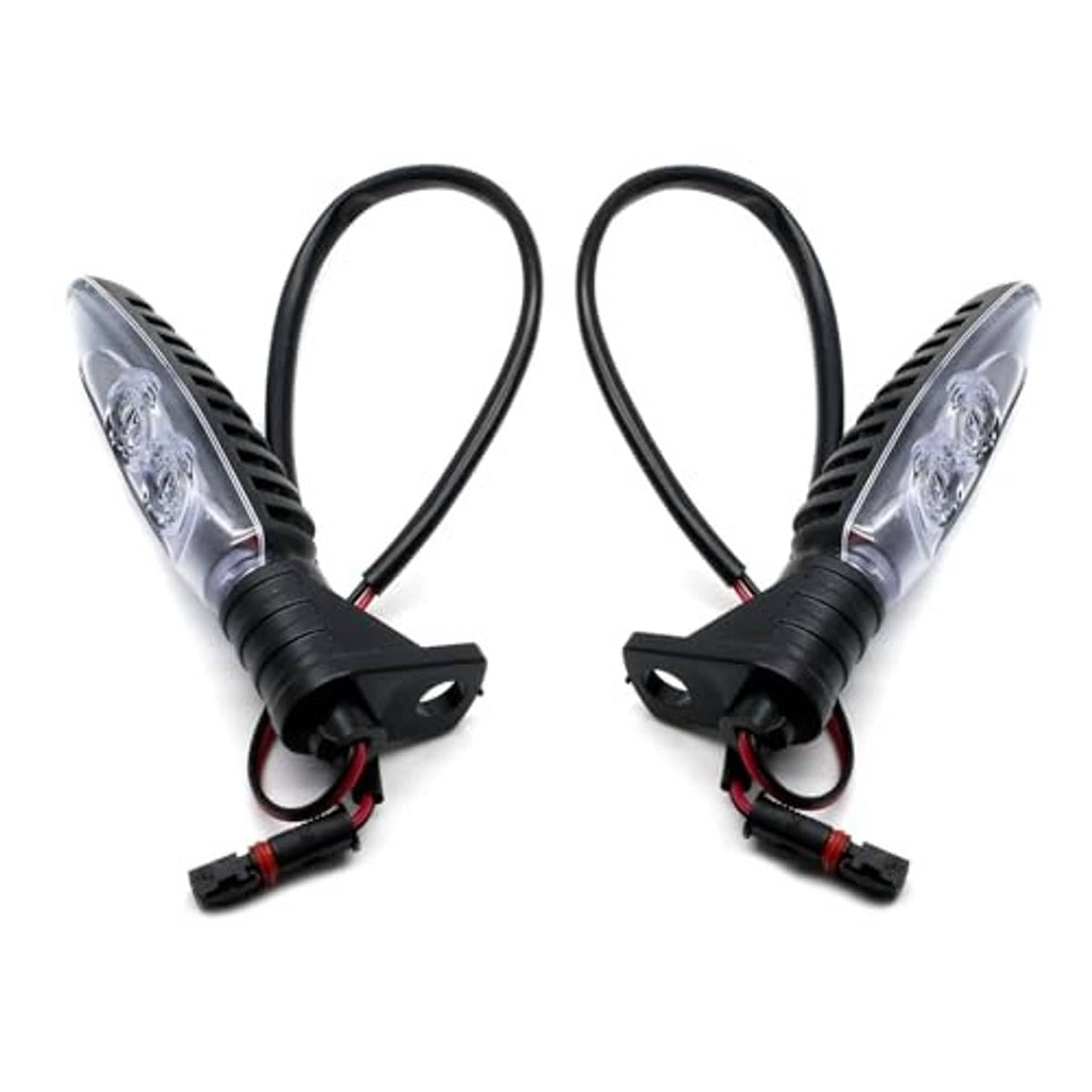 Pair of motorcycle front LED turn signal lights with clear lenses, black housings, and connector plugs