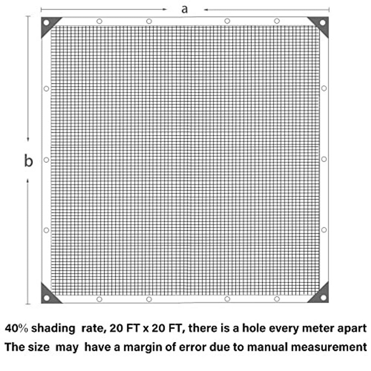 Mesh shade cloth panel with corner grommets, size diagram grid illustration
