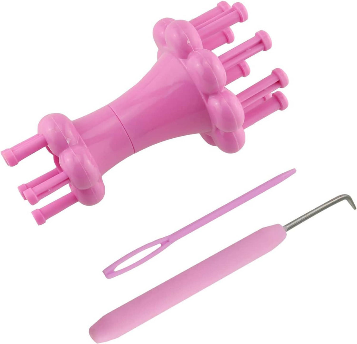 Pink double-head knitting loom with metal hook and yarn guide tool, parts laid out