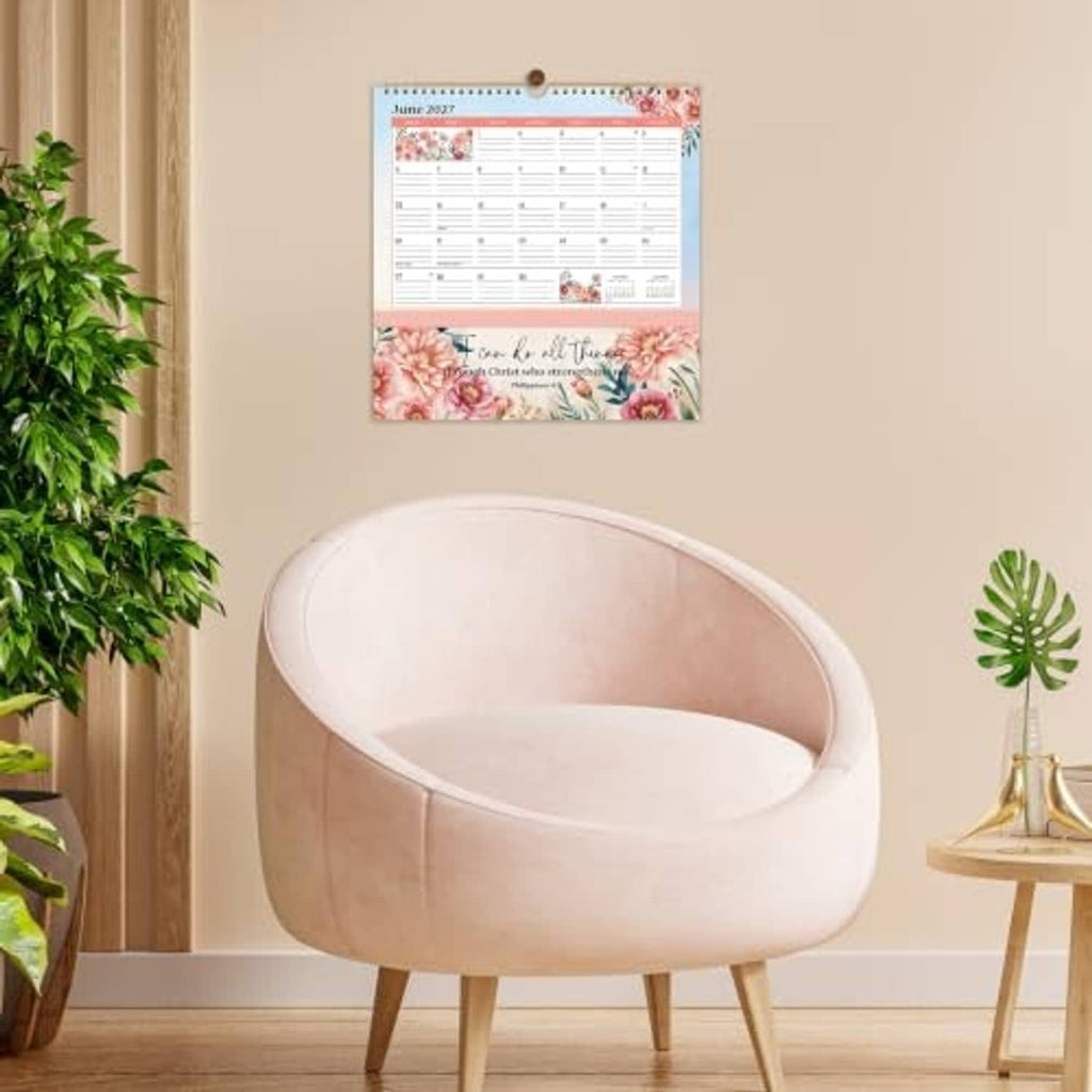 2027 floral wall calendar mounted on wall with hanging loop