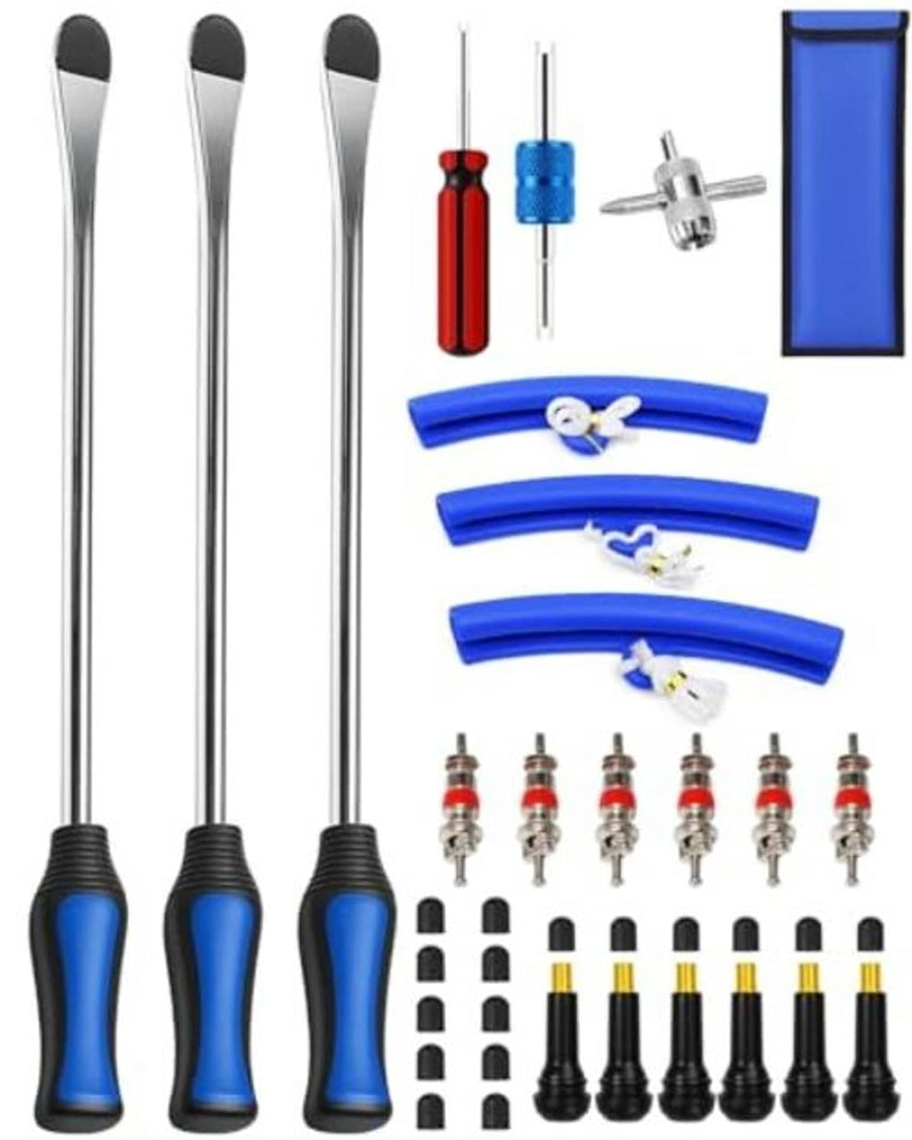 Tire tool kit components: three chrome spoons, blue rim protectors, valve tools, and caps