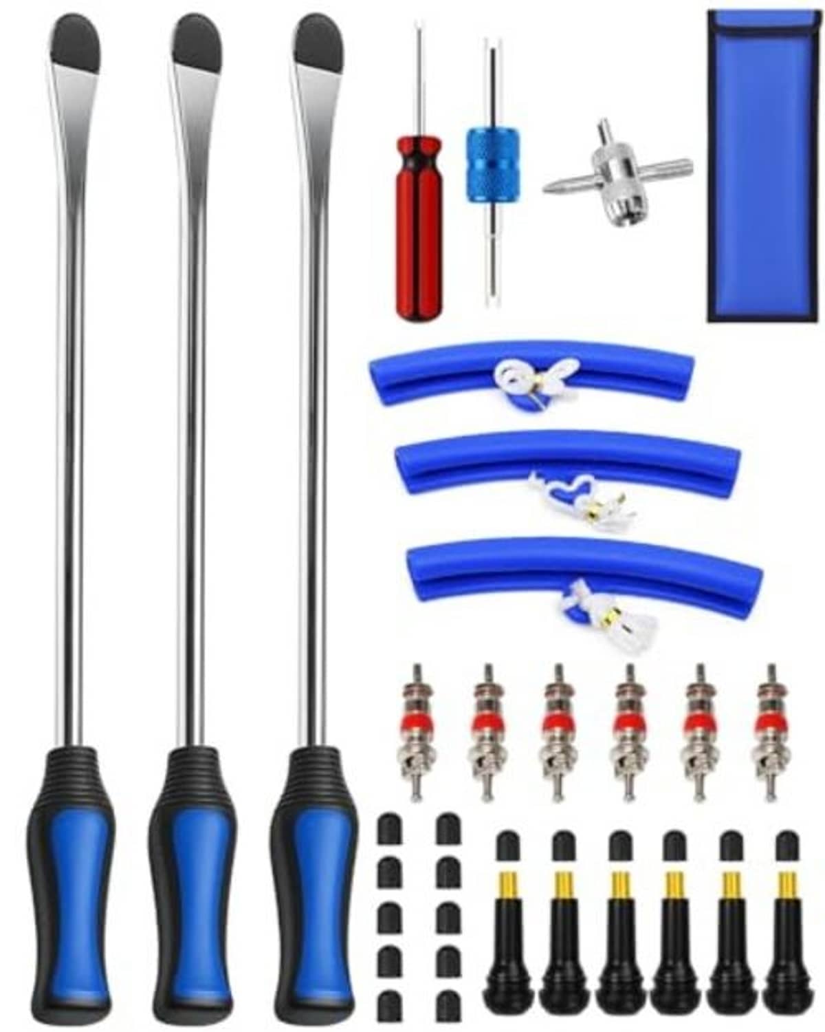 Tire tool kit components: three chrome spoons, blue rim protectors, valve tools, and caps