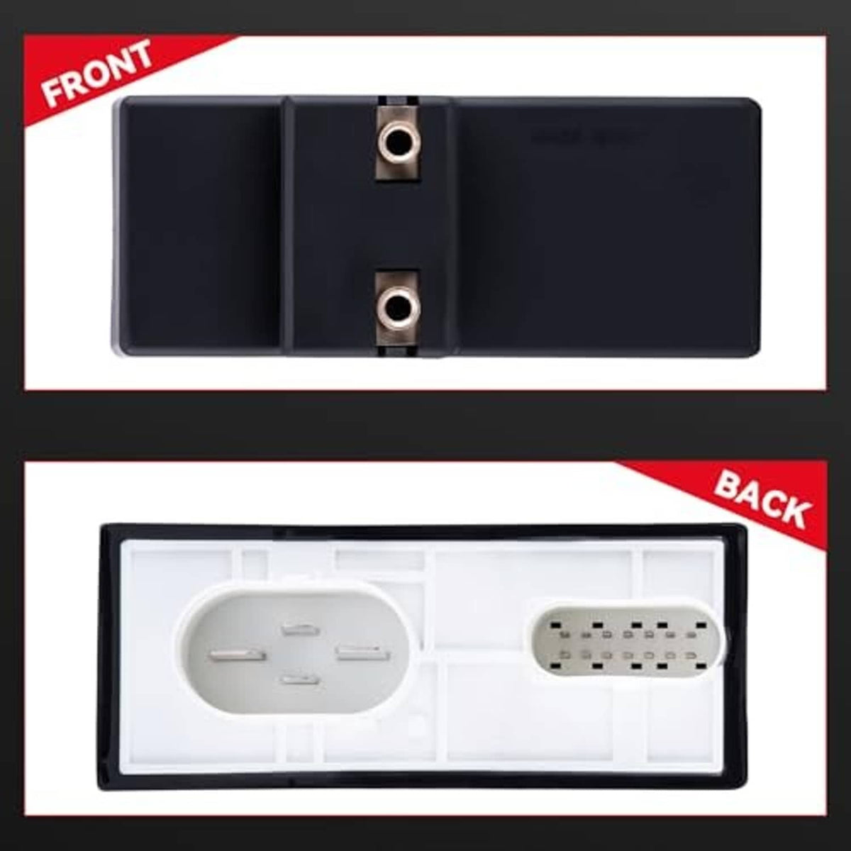 Radiator cooling fan control module front and back view with two mounting pins