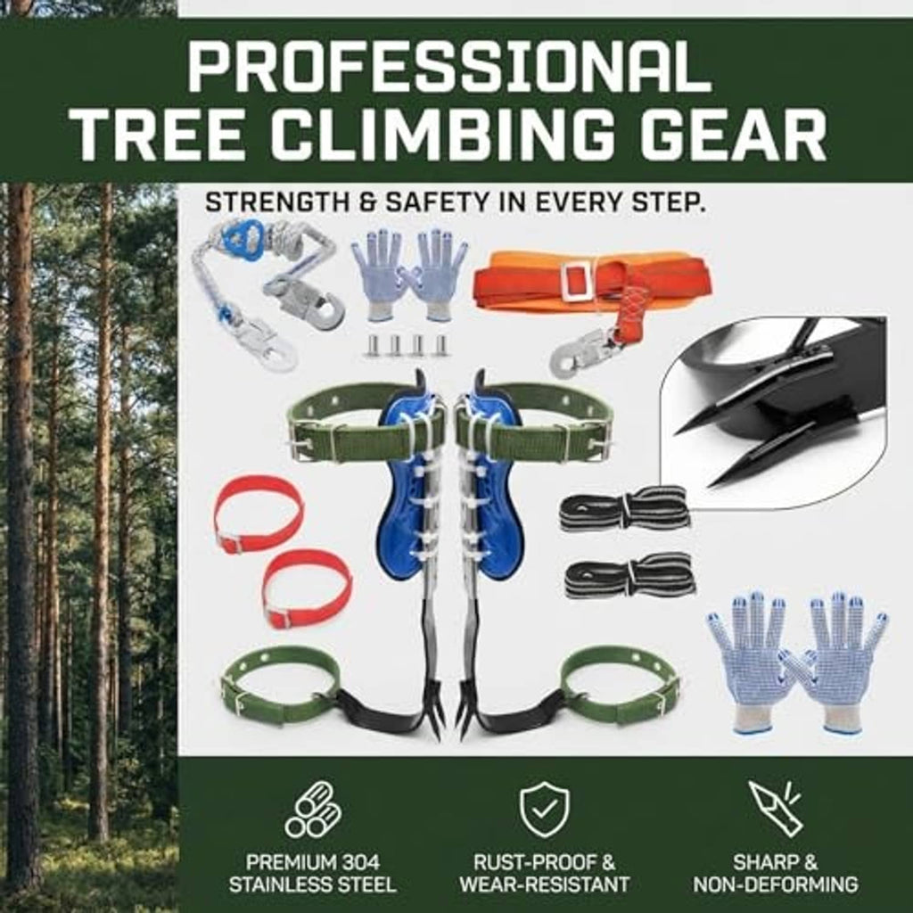 Tree climbing spikes kit with orange belt, green leg straps, blue spikes, gloves, claws