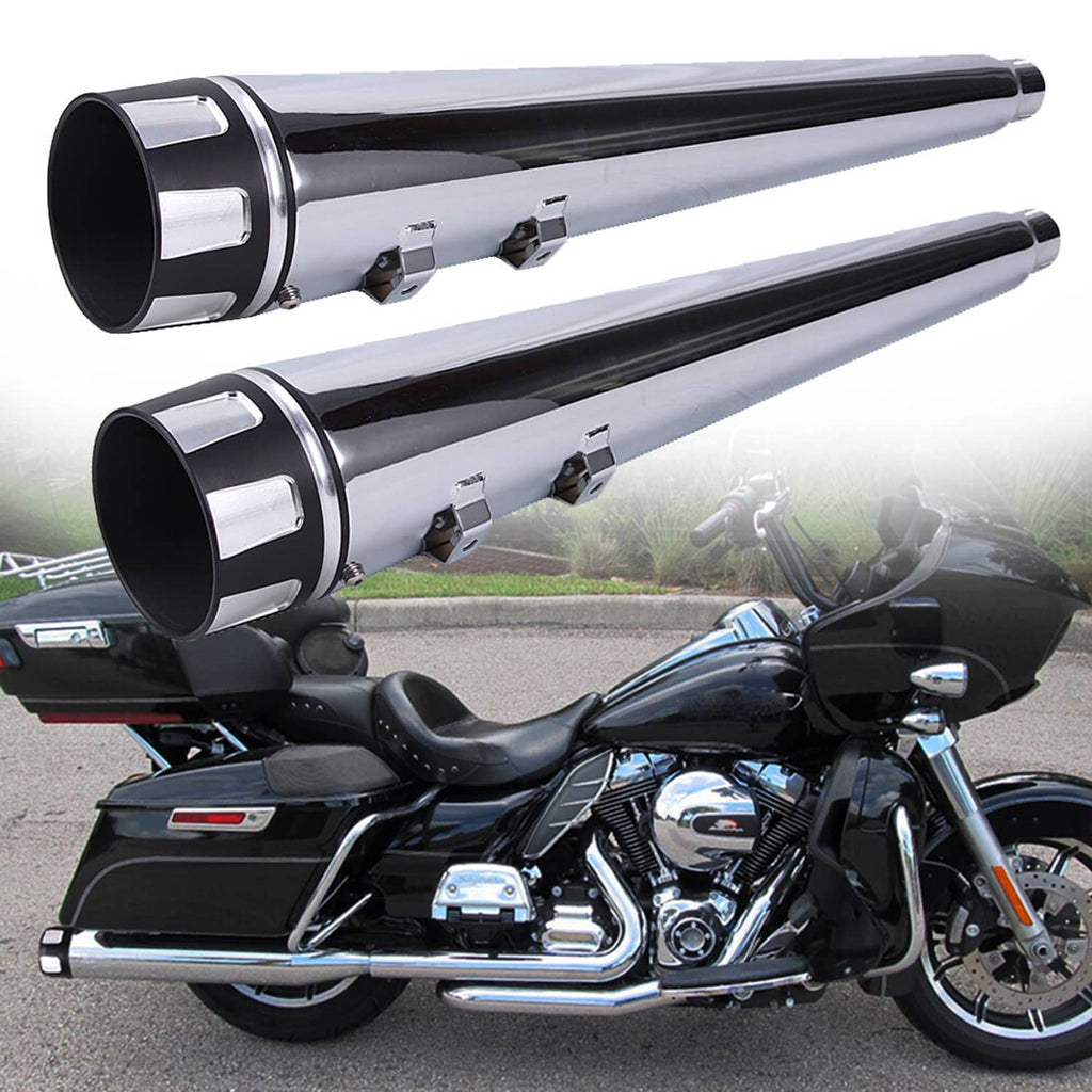 Chrome slip-on exhaust mufflers on a motorcycle, round black end openings