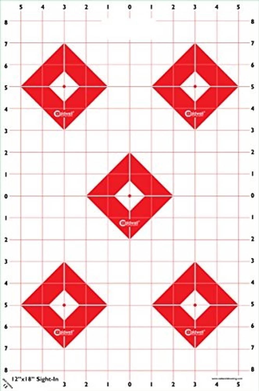 Caldwell 12x18 target sheet with red diamond targets on white grid, numbered