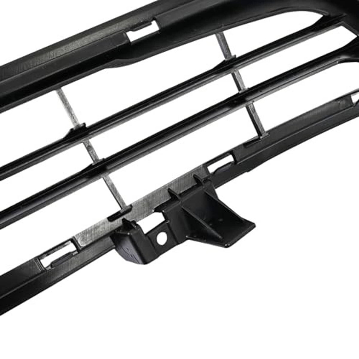 Close-up of black grille mounting clips and tabs on slat frame
