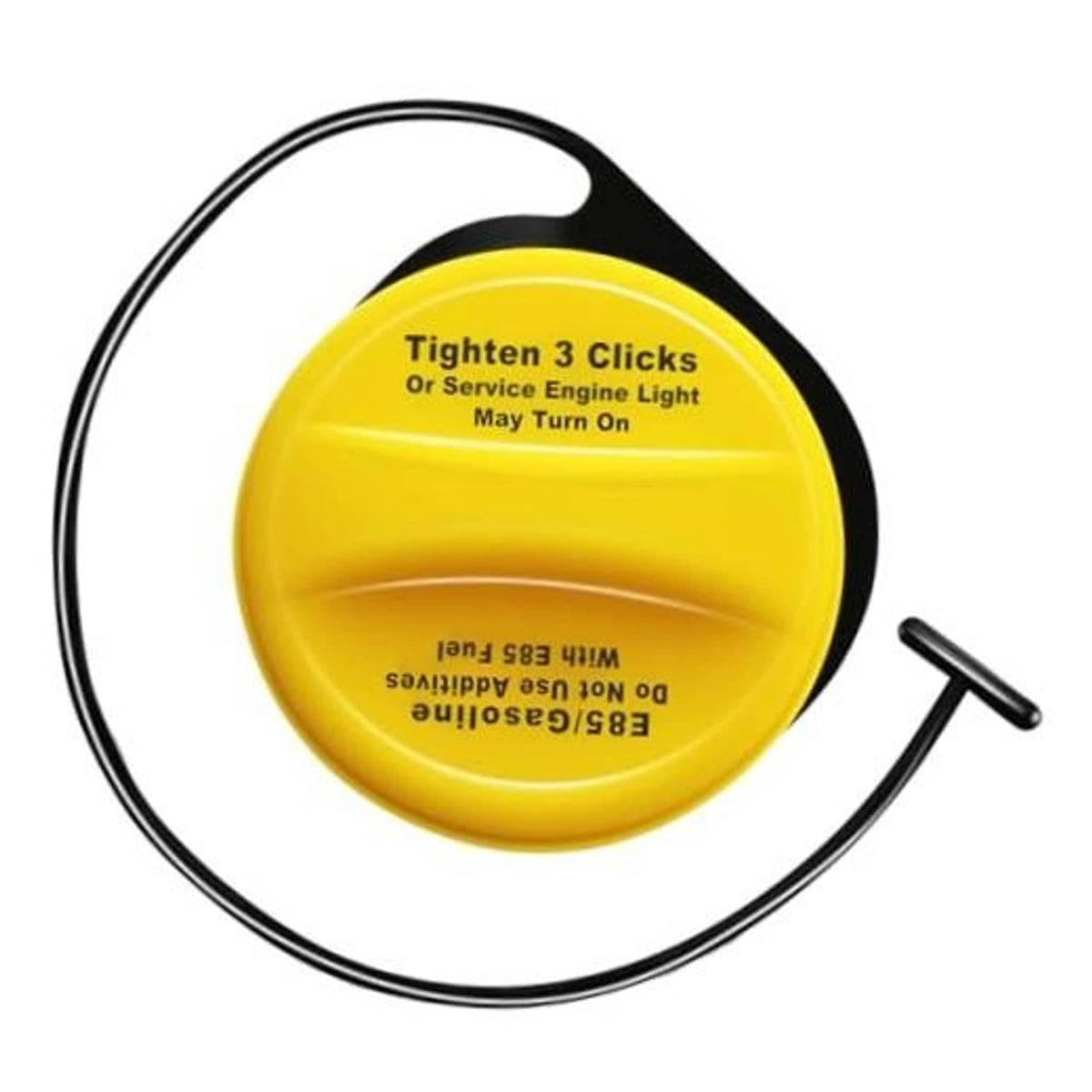 Yellow fuel cap with black tether, marked 'Tighten 3 Clicks' on top