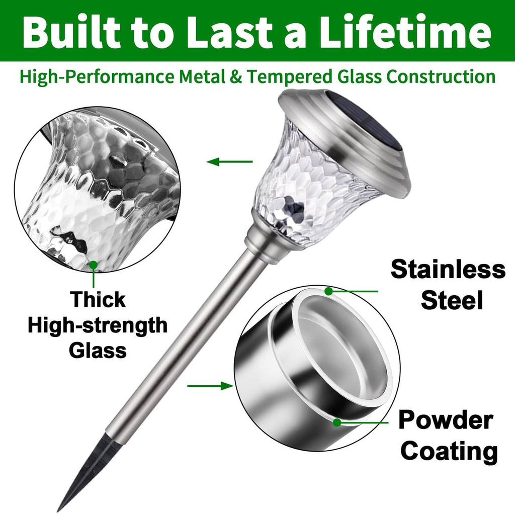 Stainless-steel solar pathway light with tempered glass head and powder-coated stake base.
