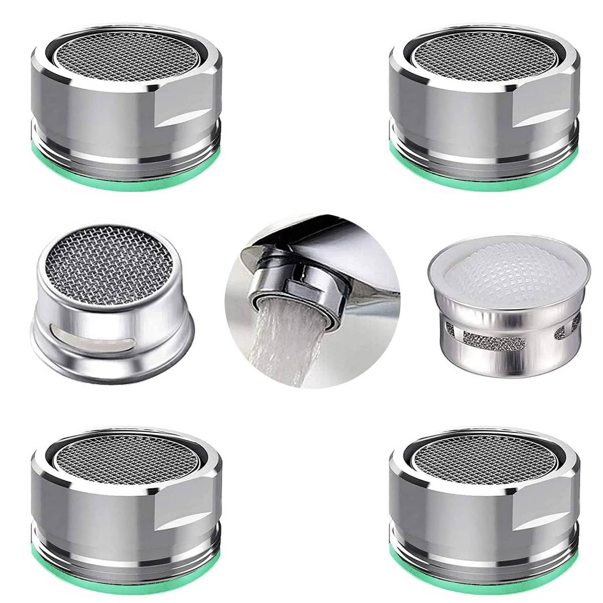Silver chrome faucet aerator set with mesh screen and green sealing ring