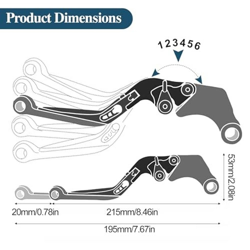 Brake and clutch lever dimension diagram showing measured lengths and angles.