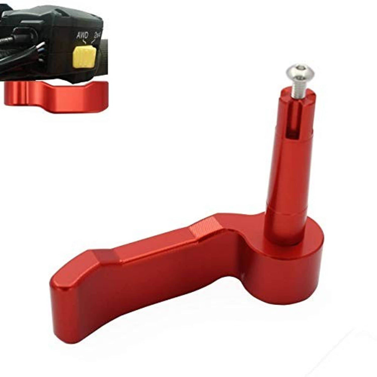 Red thumb throttle lever next to ATV control module with yellow switch