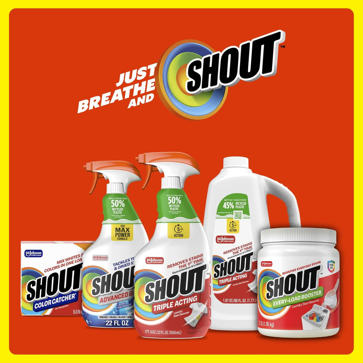 Shout product lineup graphic with bottles and spray cans on red background