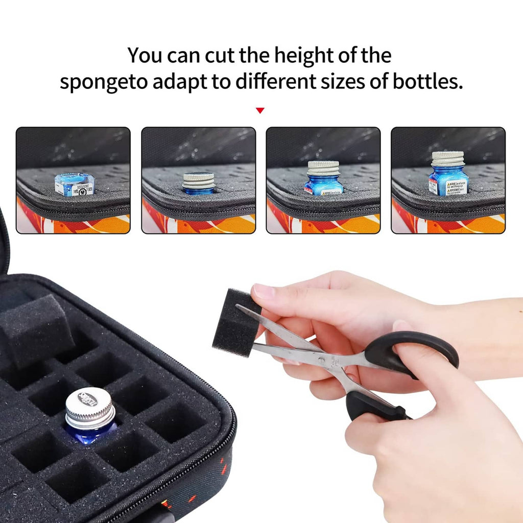 Open black foam insert in paint storage case; scissors cutting foam with hand