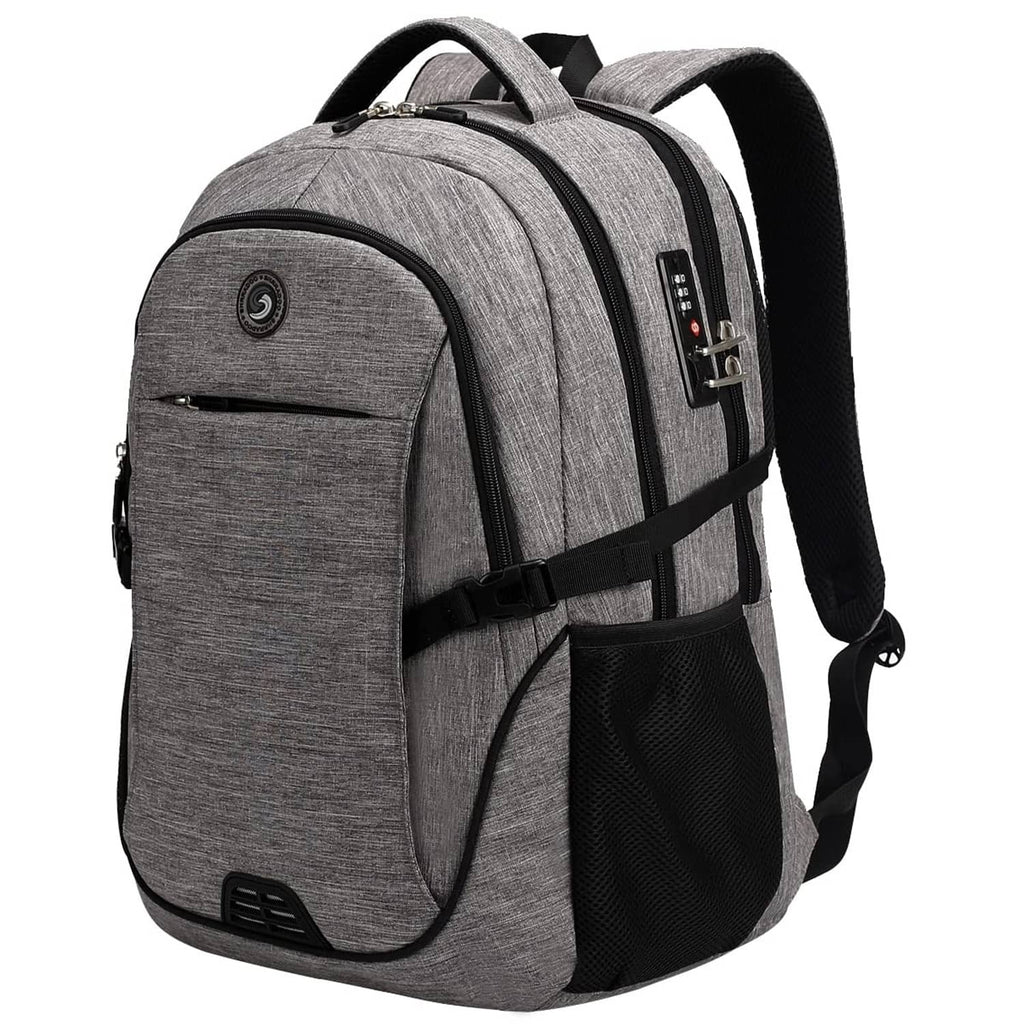 Gray laptop backpack with front zip pocket, top handle, and padded shoulder straps.