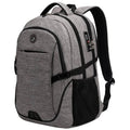 Gray laptop backpack with front zip pocket, top handle, and padded shoulder straps.
