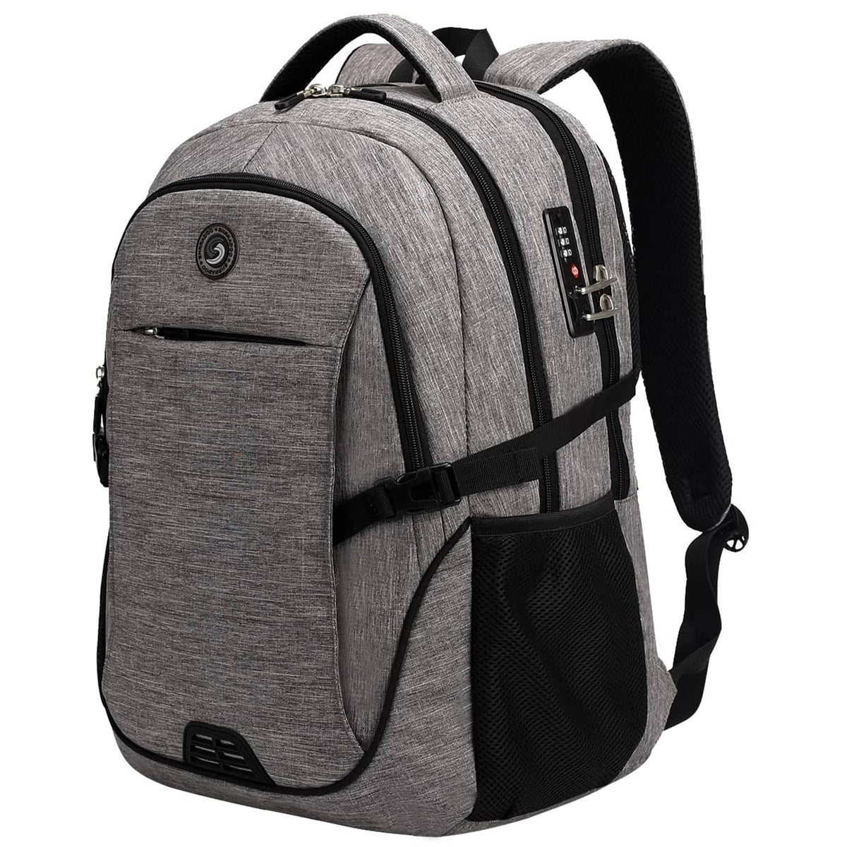 Gray laptop backpack with front zip pocket, top handle, and padded shoulder straps.