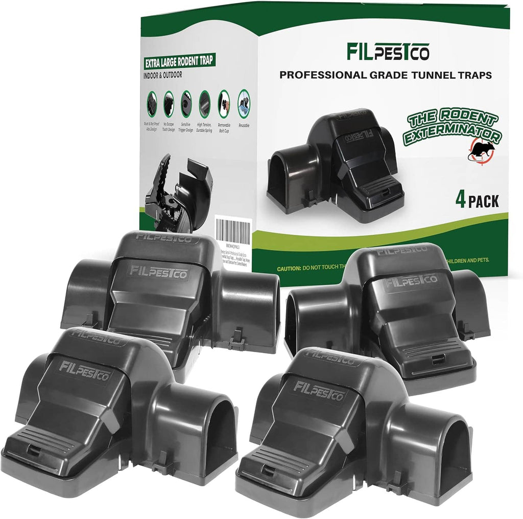 Four-pack of black extra-large tunnel snap rat traps, front view